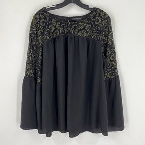Lane Byrant Women’s High Neck Lace Detail Long Bell Sleeve Black Blouse size 14
